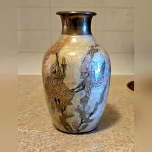 Brass Enameled Vase. Cloisonne Painted Enamel Solid Brass Floral Motif